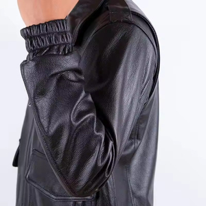 Veste moto en cuir véritable pour homme, col rabattu, fermeture éclair, couleur unie, manches classiques, automne - Product Image 5