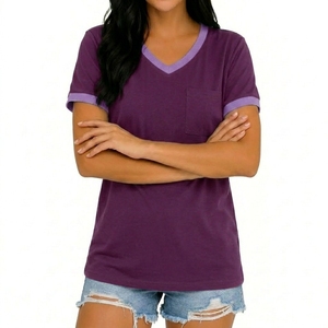 Women's Purple V-Neck Short Sleeve T-Shirt With Pocket Casual Cotton Jersey <b>Top</b> Spring Summer Wear - Product Image 1