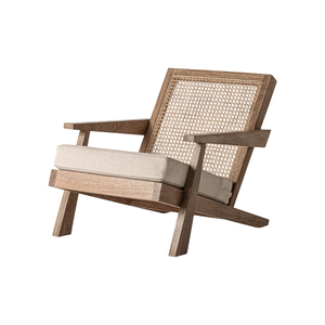 Mid-Century Modern Outdoor Lounge <b>Chair</b> Solid Teak Premium Woven <b>Cane</b> Backrest Thick Upholstered Cushion Durable Furniture - Product Image 1