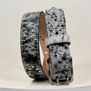 Ceinture en cuir de vachette véritable occidentale de haute qualité pour hommes et femmes avec œillets en argent et boucle à double broche pour un style audacieux - Product Image 4
