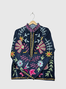 Floral Embroidered <b>Velvet</b> Jacket Mandarin Collar Full Sleeve Prairie Chic Style Plus Size Women's Autumn Wear - Product Image 1