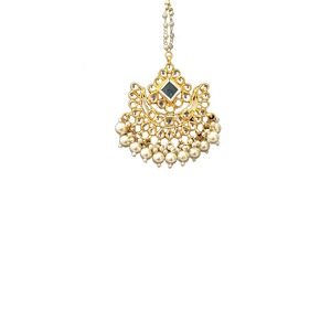 Tikka Kundan étnica chapada en oro con perla de esmalte azul, joyería hecha a mano para la frente, para mujeres, para bodas - Product Image 2