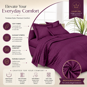 Juego de Sábanas de Algodón a Rayas Color Morado Ciruela, Ultra Suaves, 210 Hilos, Ropa de Cama Premium para Hogares Modernos, Hoteles y Dormitorios Elegantes - Product Image 5