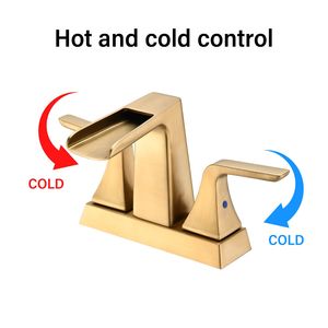 Rubinetto per lavabo bagno a cascata con due maniglie, interasse 4 pollici, finitura oro spazzolato - Product Image 3