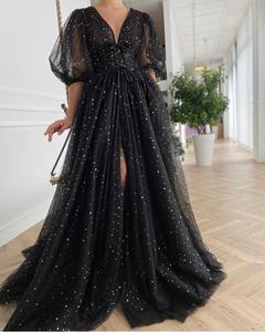 Meilleure édition Robe de soirée élégante noire en tulle, longueur ras du sol, avec imprimé étoiles scintillantes, col en V, manches courtes et silhouette trapèze - Product Image 6