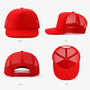 Red 5-Panel Mesh Trucker <b>Hat</b> With Front Embroidery Adjustable Snapback Casual <b>Cap</b> For Adults Spring Summer Wear - Product Image 2