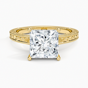 Anillo de Compromiso Vintage con Moissanita de Corte Princesa de 2 Quilates, Anillo de Novia Solitario Ornamentado en Oro Amarillo de 14K - Product Image 1