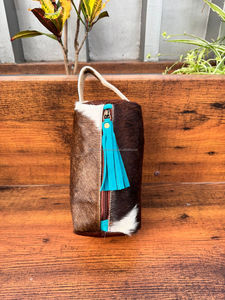 New Western Genuine Hair on Cowhide <b>Leather</b> Turquoise Tassel <b>Toiletry</b> <b>Bag</b> Stylish Cosmetic & Makeup Storage Travel Organizer Box - Product Image 2