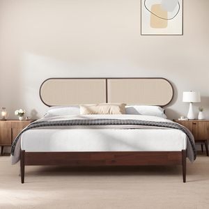 Natural Wood <b>Bed</b> <b>Frame</b> Rattan Headboard | Contemporary Hotel Furniture | OEM Available - Product Image 1