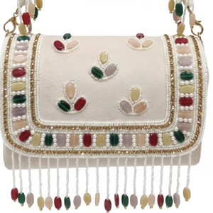 Pochette de luxe en velours ornée de perles faites à la main |   Élégantes pampilles multicolores en pierre avec fermeture éclair pour soirée |   Sac à main de soirée en gros - Product Image 1
