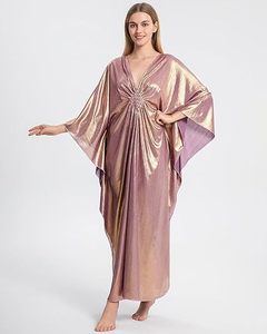 Shimmer V Neck Maxi Abaya <b>Dress</b> Batwing Sleeve <b>Loose</b> Fit Asymmetrical Hem Beaded Silk Women's Evening Party Wear - Product Image 3