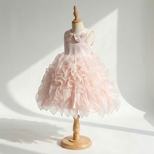 Robe chic rose clair à col Peter Pan et volants pour filles, idéale pour la Fête des Pères et les événements spéciaux - Product Image 3