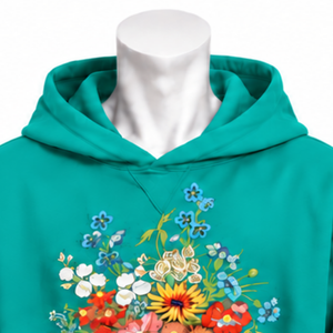 Teal Bouquet Flowers Hoodie Colorful Floral <b>Embroidery</b> Pullover <b>Sweatshirt</b> Kangaroo Pocket Oversized Casual Fashion Streetwear - Product Image 3