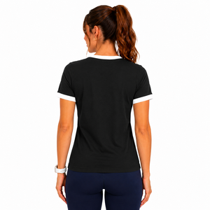 T-shirt décontracté pour femme avec logo personnalisé, col rond, bordure contrastante, haut de sport respirant, couleur unie, coupe régulière, vente en gros - Product Image 5