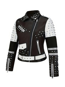 Chaqueta de Cuero Negra y Blanca Estilo Motero con Tachuelas de Diamantes de Imitación, Manga Larga, Estilo para Todas las Temporadas - Product Image 4