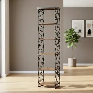 Étagère en treillis métallique Eureka avec étagères en bois et cadre en fer orné, grand présentoir de rangement pour salon, chambre et décoration intérieure - Product Image 1