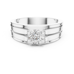 Elegante Anillo de Compromiso para Hombre con Banda Acanalada Estilo Art Deco, Moissanita con Corte Redondo Central y Engaste de Garras, Acabado Chapado en Oro de 14K - Product Image 1