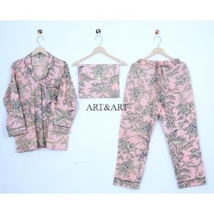 ชุดนอนผ้าฝ้ายพิมพ์ลายดอกไม้ ระบายอากาศได้ดี สไตล์ลำลองสำหรับฤดูใบไม้ร่วง ชุดเซ็ต 2 ชิ้น เอวยางยืด สำหรับผู้หญิง มีทุกขนาด - Product Image 1