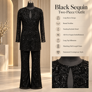 Conjunto de Dos Piezas de Lentejuelas Negras para la Noche |   Conjunto Formal de Noche con Top de Manga Larga con Abertura y Pantalones Anchos para Invitadas a Bodas y Eventos - Product Image 5