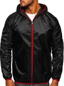 Men's Black Hooded Windproof Racer <b>Jacket</b> With Red Zipper And Trim Sporty Style Autumn Wear - Product Image 1