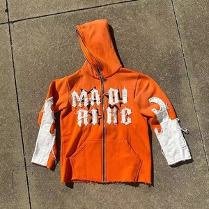 Sudadera con capucha para hombre de felpa francesa con cremallera completa, con logo personalizado, bajo sin rematar, corta, con parches desgastados y lavado ácido - Product Image 3