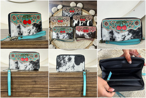 Cartera de mano de cuero de vaca repujado turquesa premium para mujer, nuevo diseño floral de cereza, tarjetero y monedero largo con correa para la muñeca - Product Image 3
