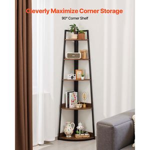 Libreria angolare a 5 ripiani alta 70 pollici con struttura in metallo industriale e mensole in legno per soggiorno e ufficio, scaffale a scala angolare - Product Image 1
