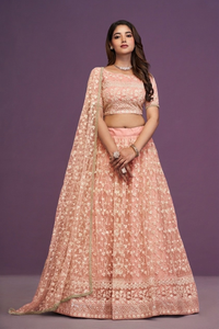 Pink Embroidered Lehenga Set <b>Net</b> Dupatta Crop <b>Top</b> and Skirt Traditional Indian Wedding Outfit - Product Image 5