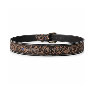 Cinturón Unisex Premium Estilo Western de Cuero Granulado con Grabado Floral y Hebilla Grabada en Plata Antigua, Alta Calidad, Color Negro Vintage - Product Image 2