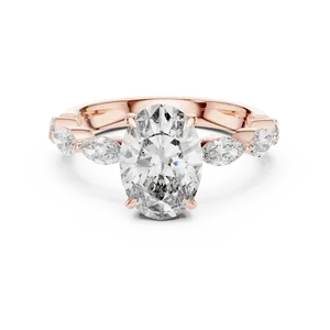 Bague de fiançailles ovale en diamant de laboratoire 2 carats, or massif 18 carats, 0,60 CTW, pierres latérales marquise, trois pierres, bijoux fins - Product Image 3