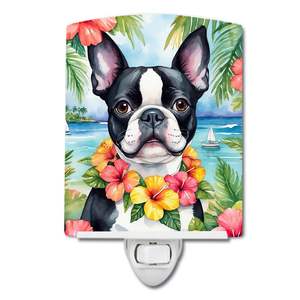 Certifiée UL Boston Terrier Luau Veilleuse en céramique compacte 6x4x3 multicolore pour chambre à coucher salle de bain pépinière couloir cuisine - Product Image 1