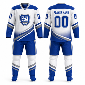 Conjunto de Uniforme de Hockey sobre Hielo Personalizado MEGAMAPLE, Ropa Deportiva para Hombre, Azul y Blanco, 100% Poliéster, Impresión por Transferencia de Calor, Hecho a Mano - Product Image 1