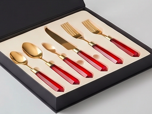Ensemble de couverts Glam Red Handle Gold, cuillère, couteau, fourchette, compatibles lave-vaisselle, pour la cuisine et l'hôtellerie - Product Image 6