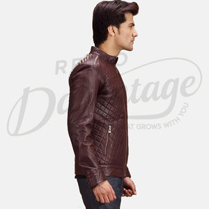 Chaqueta de Cuero Genuino Borgoña Premium para Hombre, Acolchada, Corte Ajustado, Estilo Biker, Cuello Alto, Prenda Exterior Casual y Elegante - Product Image 4