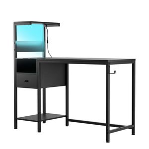 Scrivania per Computer con Stazione di Ricarica USB, Prese di Corrente, Ripiani Portaoggetti e Cassetto - per Studio, Scrittura o Postazione PC - Product Image 4