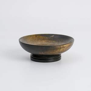 Bol sur piétement en bois artisanal, bol à fruits pour la cuisine, bol pour table centrale, salade, fruits, bois de manguier, finition noyer - Product Image 1