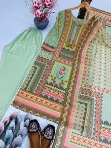 Heavy Faux Georgette Digital Print <b>Kurti</b> and Butter Silk Bottom Set Fancy Hand Work Ethnic Party Wear Full Stitched Outfit - Product Image 6