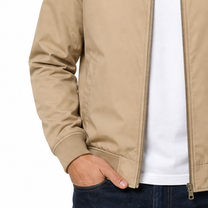 Blouson Bomber Premium Homme Kaki Beige Uni avec Bordure Côtelée, Fermeture Éclair Intégrale, Décontracté, Léger, Coupe Ajustée - Product Image 3