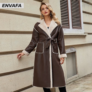 High Quality Luxury Belted Turndown Collar Wholesale Customize Thick Winter Solid Casual PU Leather <b>Fur</b> Coat Women's Long Coat - Product Image 3