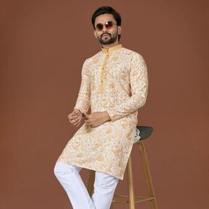 Designer Cotton <b>Kurta</b> <b>Pajama</b> Set with Lucknowi Work And Digital Print Weaving Silk Neck Design Antique Buttons - Product Image 2