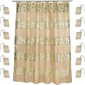 Set di 12 Pezzi per Tenda Doccia di Lusso in Tessuto Dorato con Brillantini e 12 Ganci Color Champagne, Design Unico e Bellissimo - Product Image 1