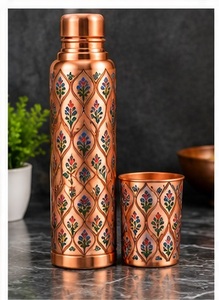 Traditional Copper Water <b>Bottle</b> and Cup Set with Lid Lotus Pattern Portable Travel <b>Thermos</b> Drinkware - Product Image 4