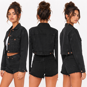 Black <b>Cropped</b> Jeans <b>Jacket</b> Women's Turn Down Long Sleeve <b>Denim</b> <b>Jackets</b> Button Closure Crop Trucker <b>Jacket</b> Ladies Winter Wear - Product Image 5