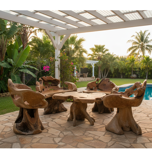 Ensemble de table basse en teck rustique artisanal ARTERRA avec fauteuils sculptés, design moderne durable, meubles de salon - Product Image 5