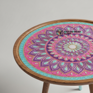 <b>Pink</b> Industrial Meena Pattern Wooden <b>Stool</b> Handcrafted Round Decorative Accent <b>Stool</b> for Apartment Living Room - Product Image 2