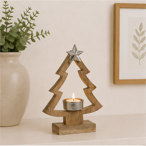 Support de bougie chauffe-plat en bois artisanal pour Noël, avec accent étoile métallique, sur pied, style minimaliste, centre de table festif, vente en gros - Product Image 6