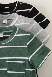 Boys' Summer Fashion Trendy Comfortable Black Gray and Green Striped Round Neck Short Sleeve Shirt 3pcs Set Favorite Photos - Product Image 4