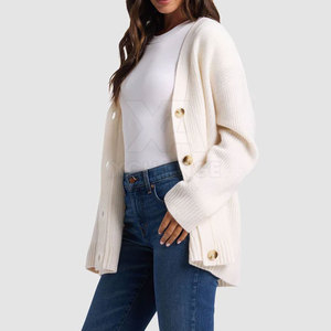 Cardigan en tricot blanc pour femme, col rond, manches longues, fermeture boutonnée, haut décontracté - Product Image 2