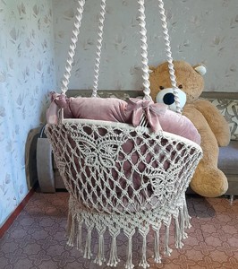 Macrame <b>Hanging</b> Hammock <b>Chair</b>, Pink Cushions, Butterfly Pillow - Product Image 2