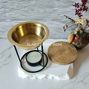 Iron Frame Black Powder Coated Wooden Base Brass <b>Oil</b> Bowl Aroma Diffuser Incense Burner Religious Incense Holder Lowest Price - Product Image 2